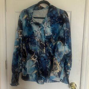 Women’s Bohemian Collared Blouse with ruched sleeves and sapphire design